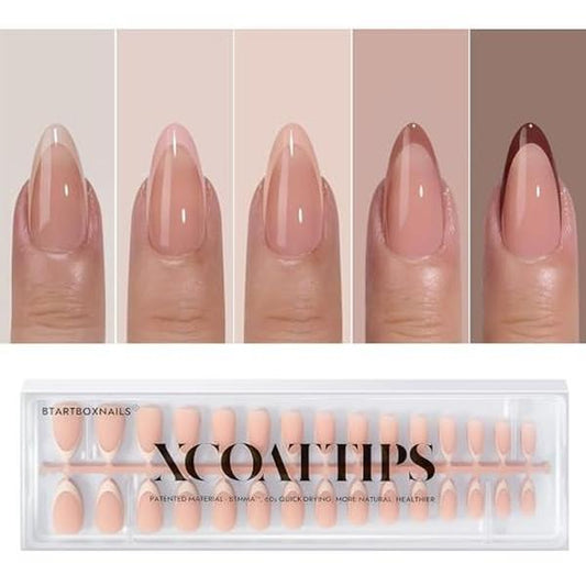 BTArtboxnails XCOATTIPS French Tip Press-On Nails – Medium Almond Soft Gel Nail Tips in Skin Tones – Soak-Off Acrylic Fake Nails for Valentine's Day Gift